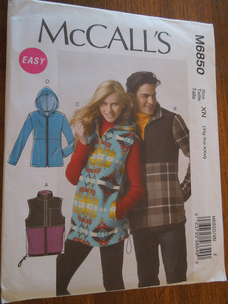 McCalls M6850, Mens, Misses, Jackets, Vests, Sizes vary, UNCUT sewing pattern