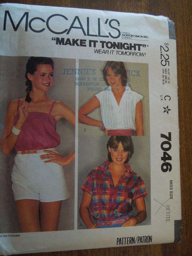McCalls 7046, Misses, Shirts, Camisoles, Size 6 to 8, UNCUT sewing pattern,
