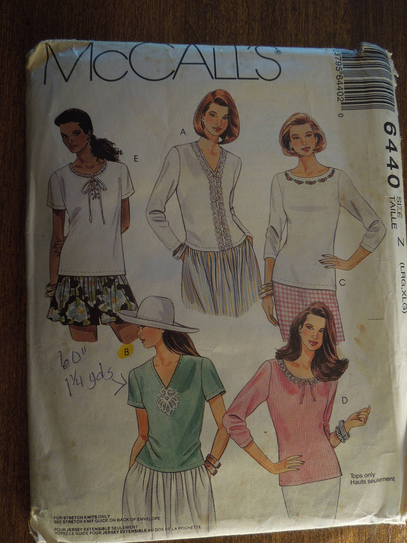 McCalls 6440,  pullover knit, misses, tops, UNCUT sewing pattern