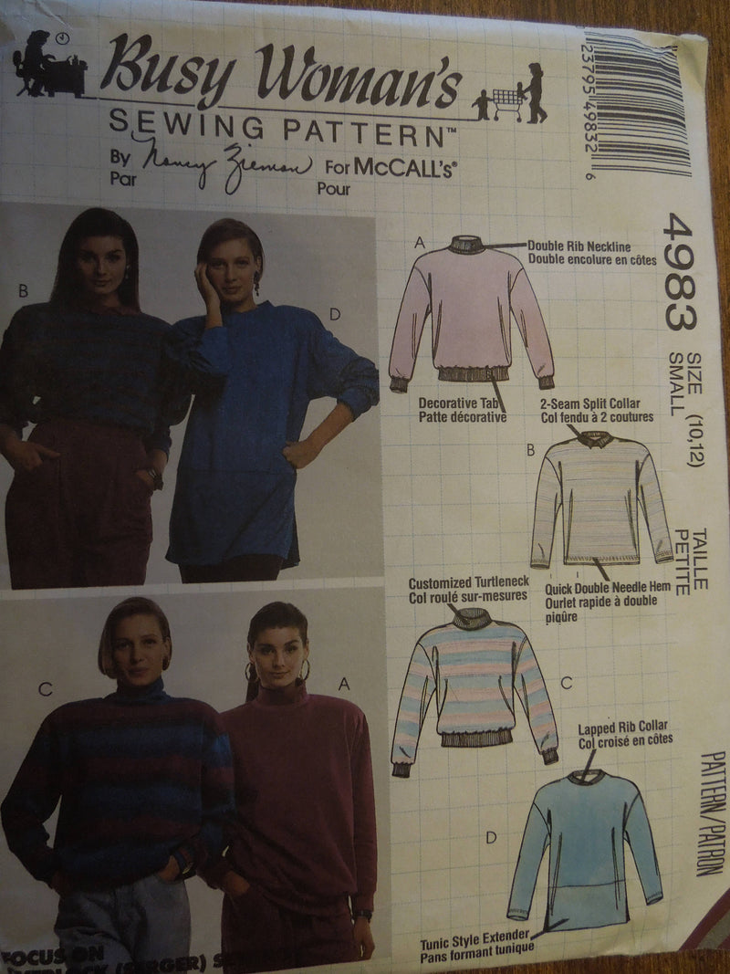 McCalls 4983, Misses, Tops, Pullover knits, Sizes 10-12,  UNCUT sewing patterns