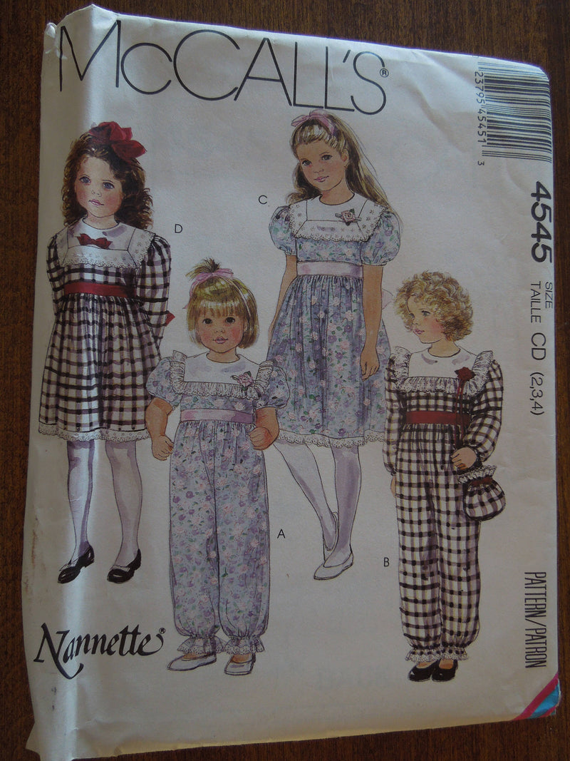 McCalls 4545, Girls, Jumpsuits, Dresses, Sizes 2 to 4, UNCUT sewing pattern,