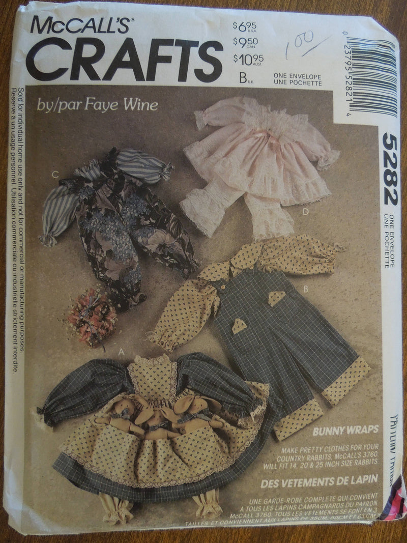 McCalls 5282, Doll Clothing for bunny dolls, Crafts UNCUT sewing pattern