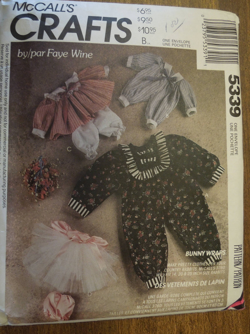McCalls 5339, clothing for bunnies or rabbits, home decor, UNCUT sewing pattern, crafts