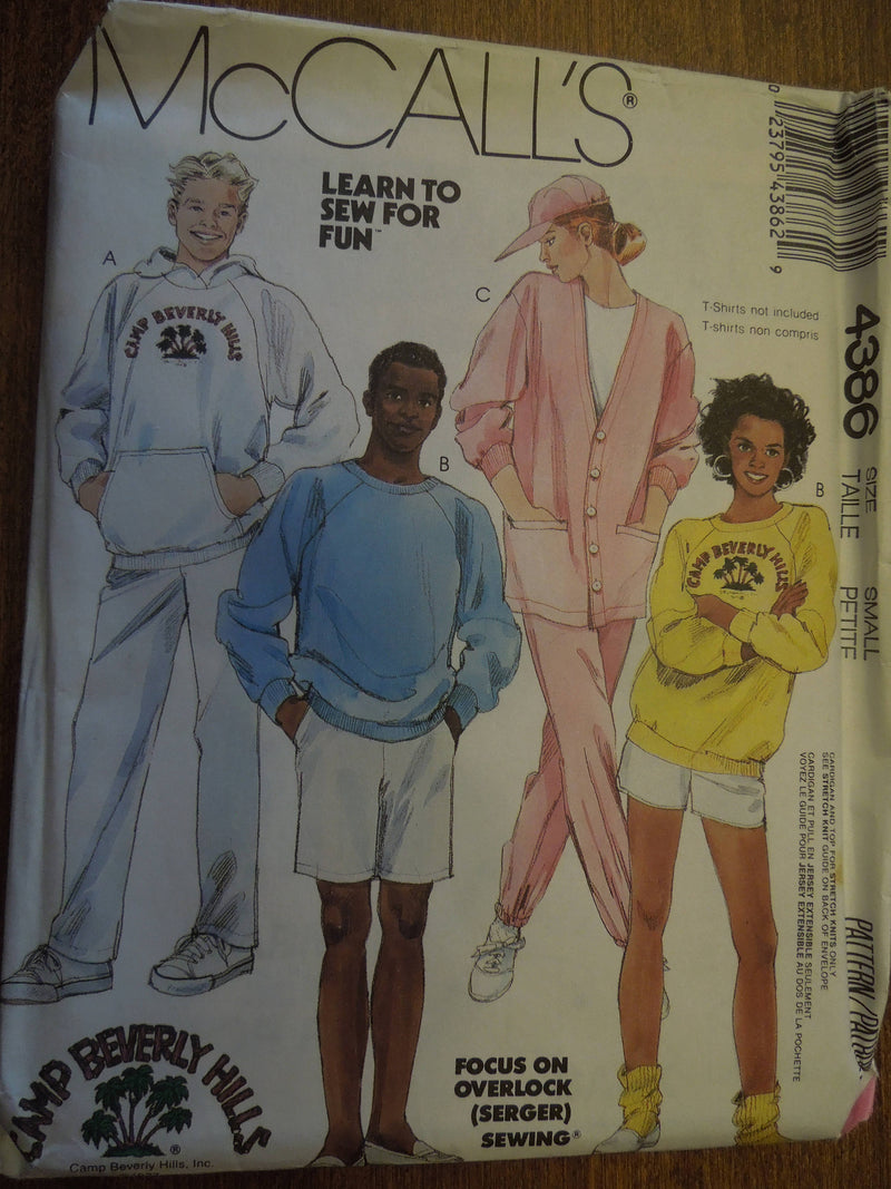 McCalls 4386, Mens, Misses, Separates, Size small, UNCUT sewing pattern,