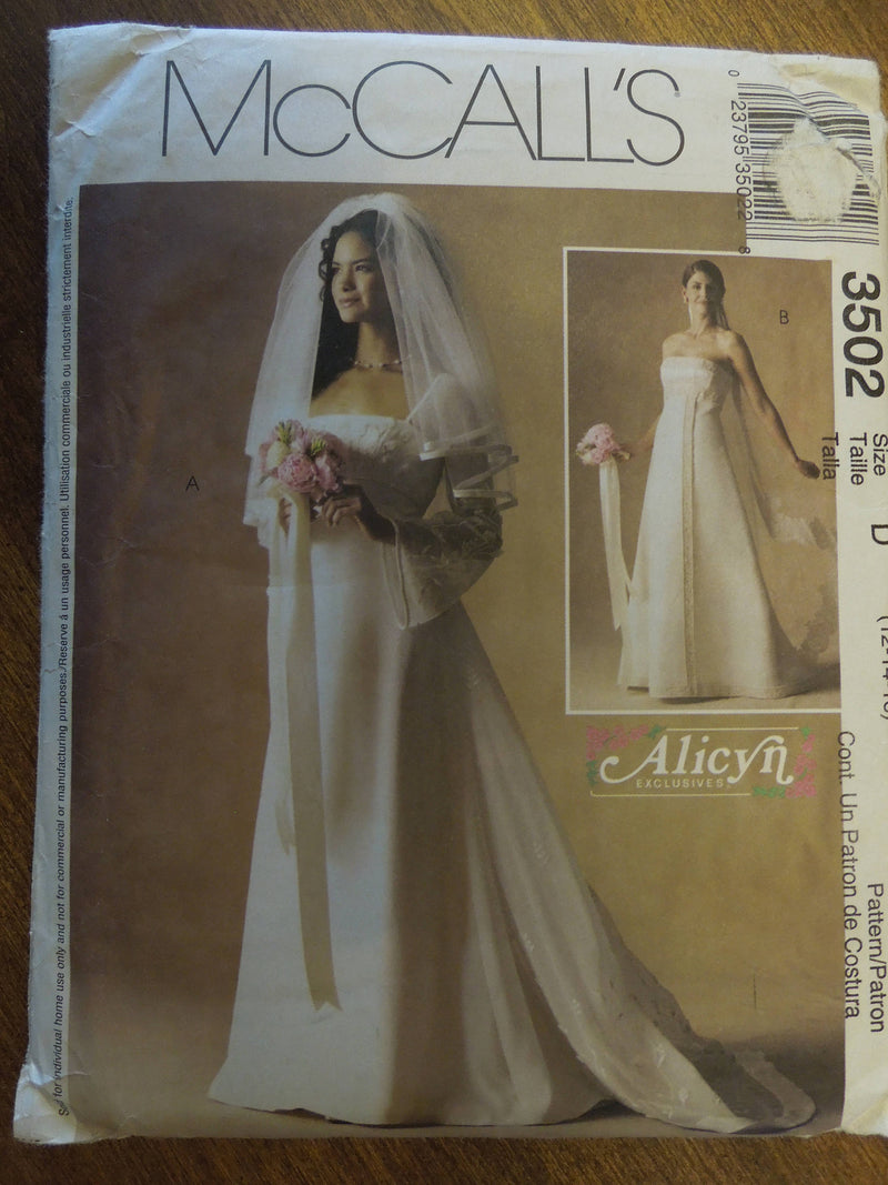 McCalls 3502, Misses Bridal Gowns, Wedding Dresses, Petite, UNCUT sewing pattern,