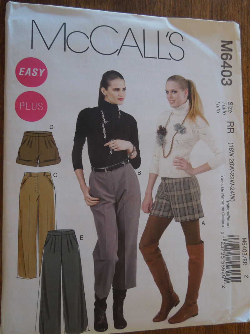 McCalls M6403, sizes 18W-24W, womens,shorts and pants,UNCUT sewing pattern