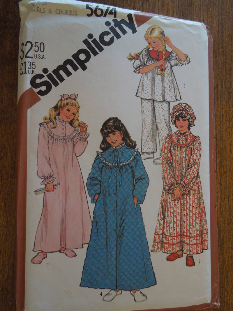 Simplicity 5674, Girls, Sleepwear, Hats, Girls Plus, UNCUT sewing pattern,