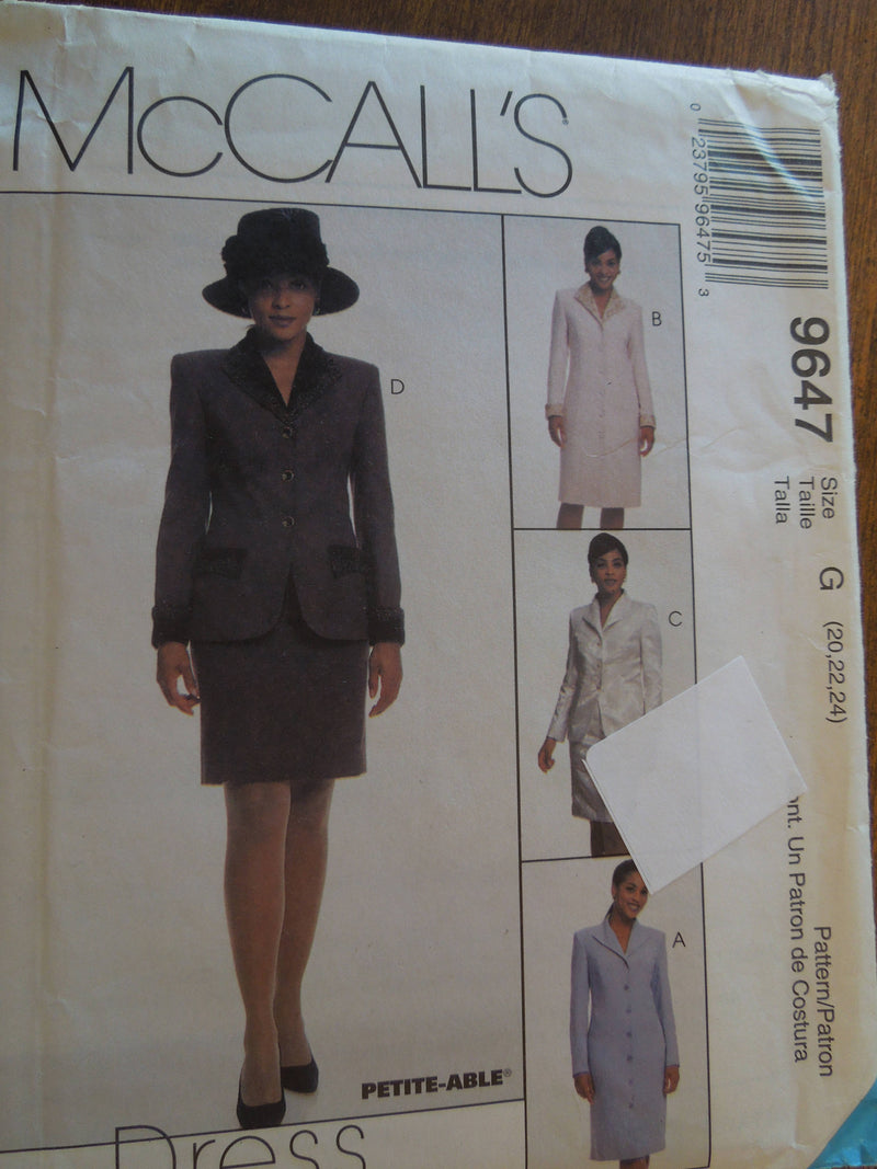 McCalls 9647, Misses Jackets, Skirts, Dresses, UNCUT sewing pattern,