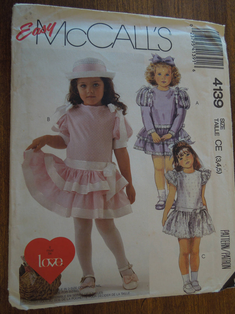 McCalls 4139, Girls, Dresses, UNCUT sewing pattern,