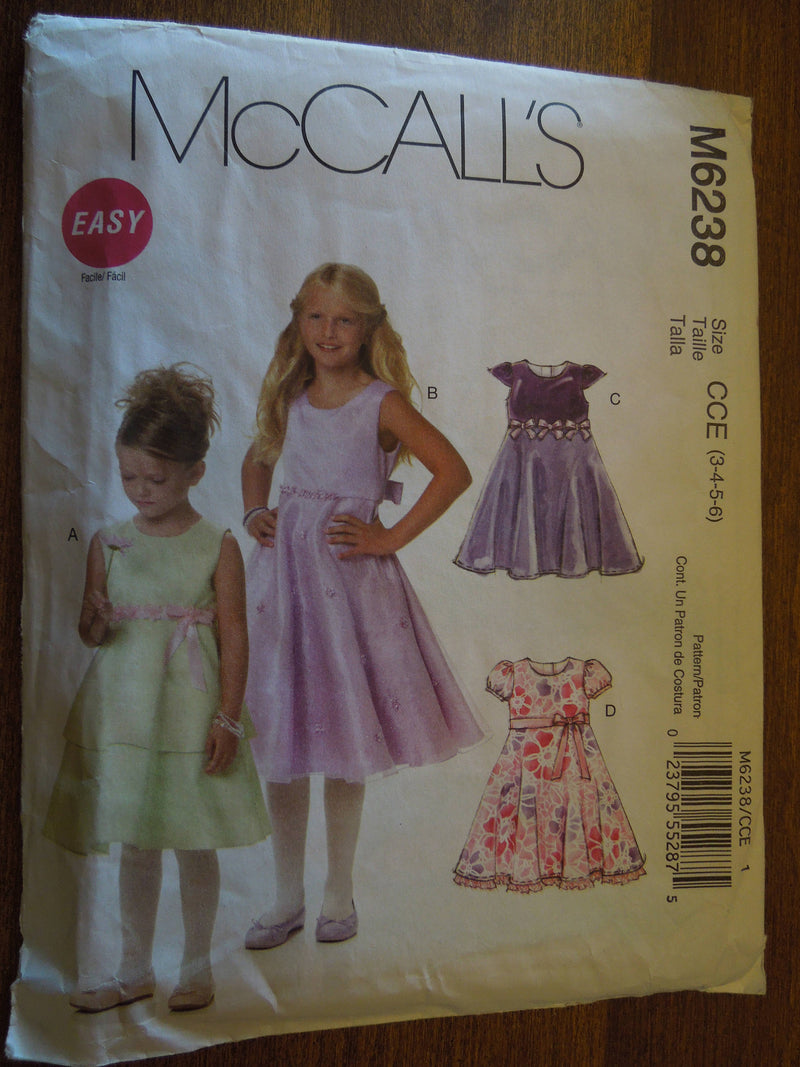 McCalls M6238, Girls, Dresses, Lined, Sizes 3 to 6,  UNCUT sewing pattern