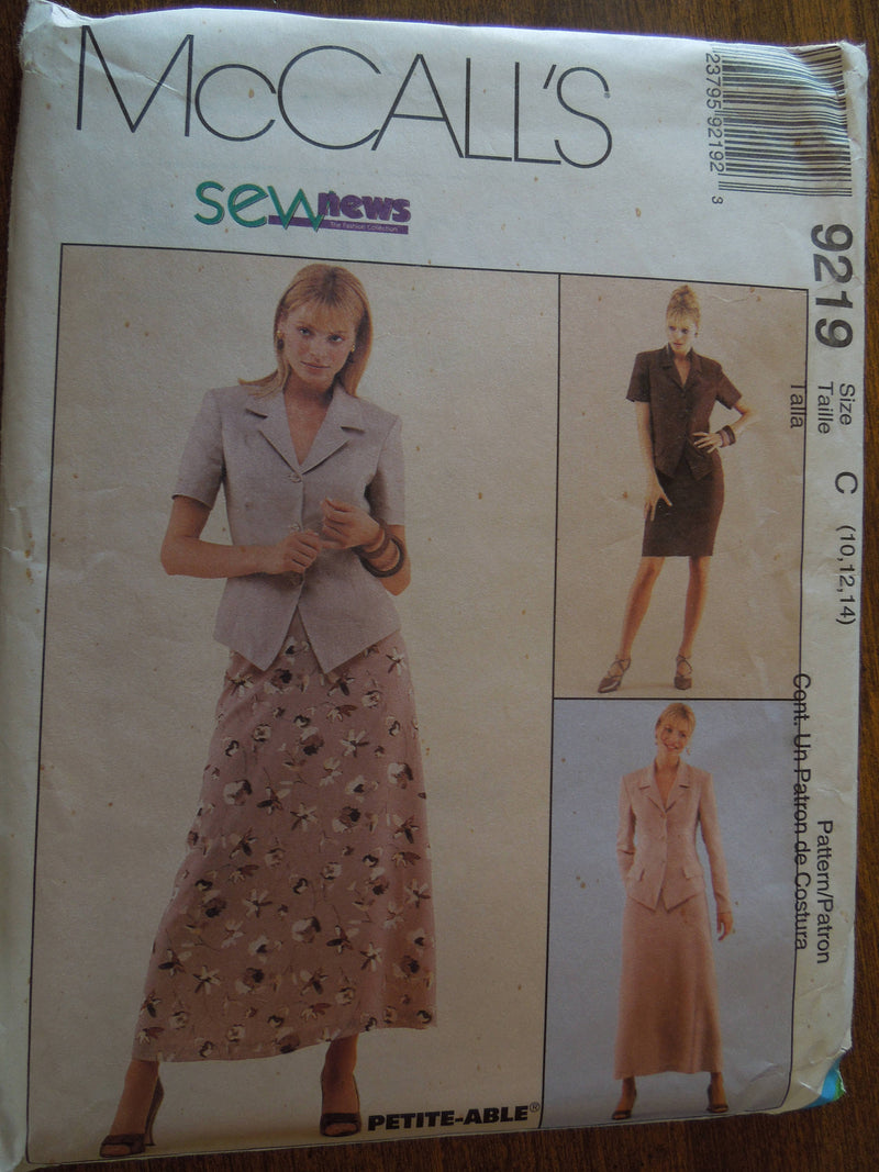 McCalls 9219, Misses, Skirts, Jackets, Sizes 10-14, UNCUT sewing pattern,