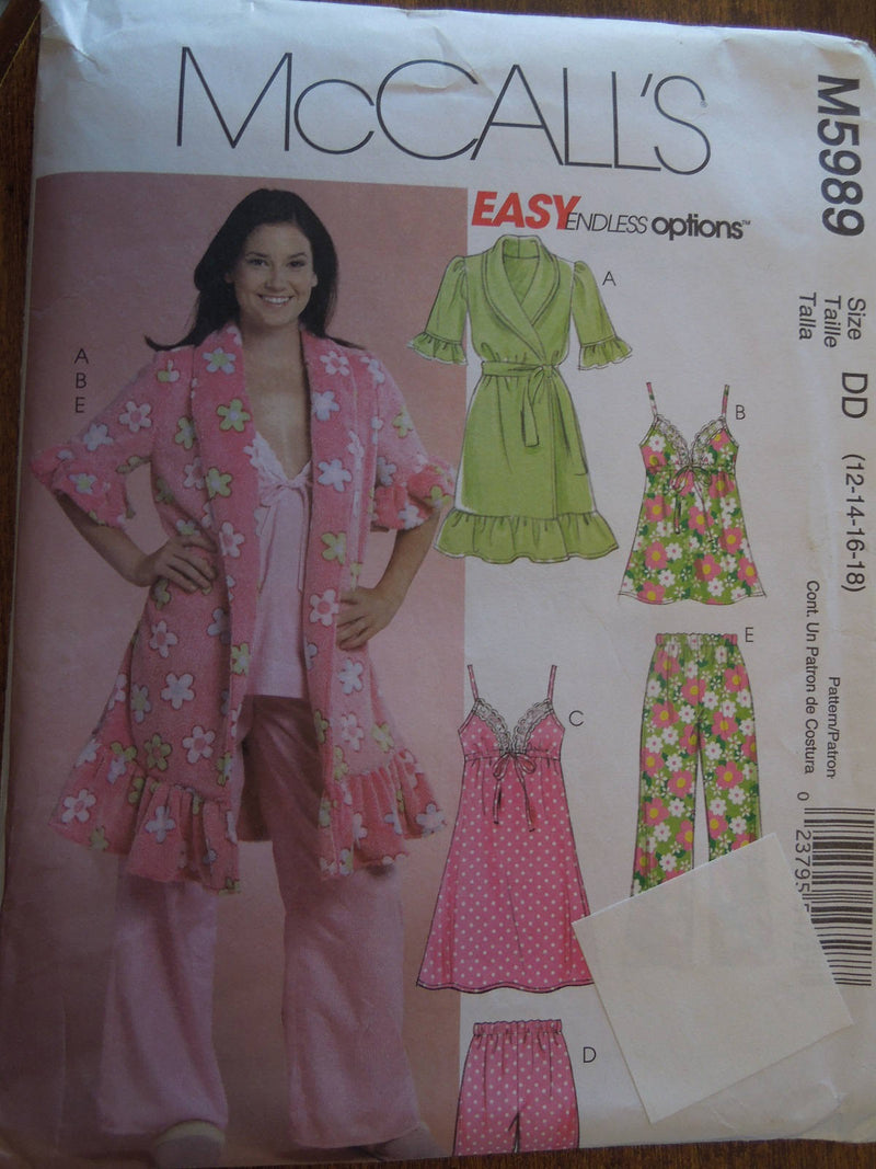 McCalls M5989, Misses Sleepwear, Pajamas, Robes, UNCUT sewing pattern