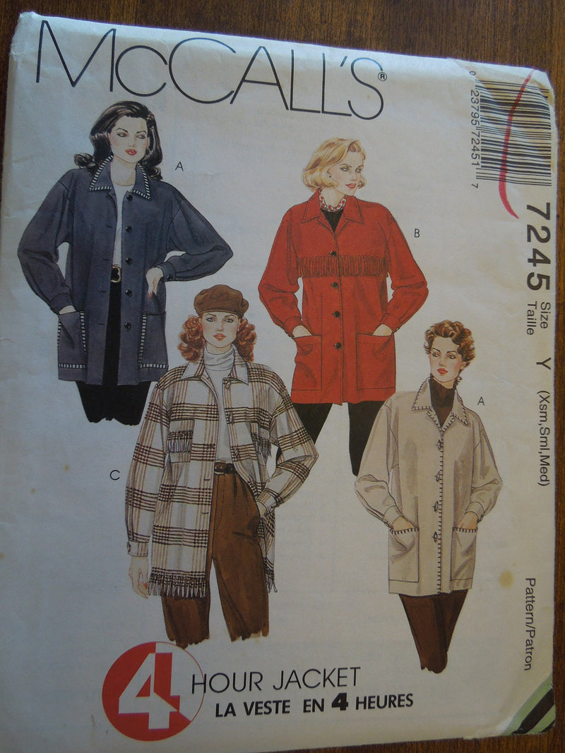 McCalls 7245, Misses, Jackets, Sizes XS to M,  UNCUT sewing pattern