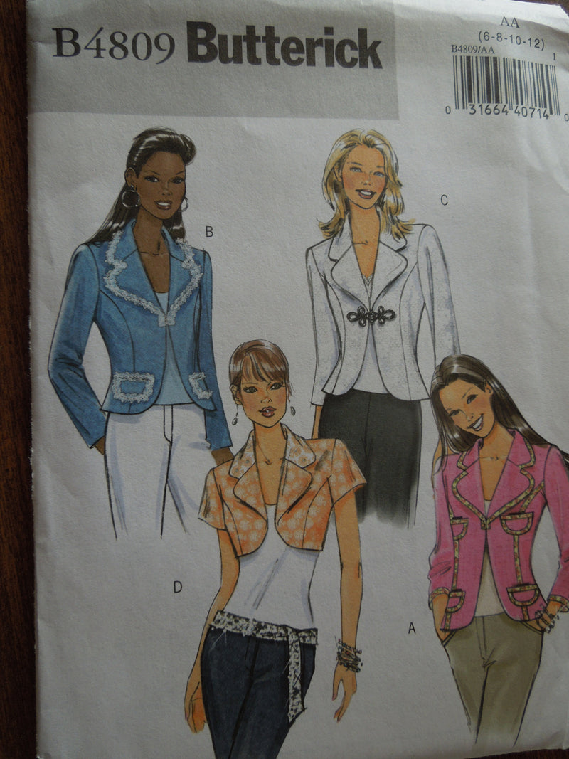 Butterick B4809, Misses, Jackets, Semi-fitted, UNCUT sewing pattern,  SALE