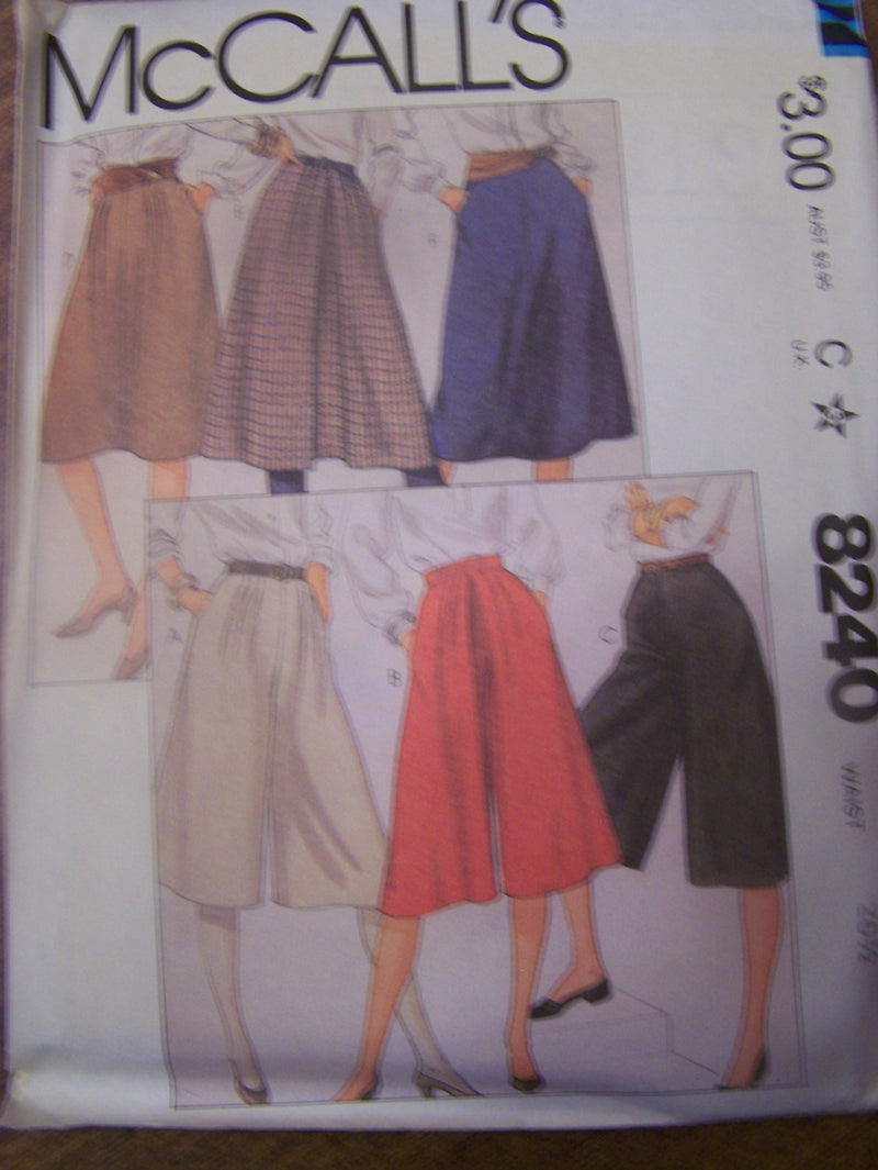 McCalls 8240, Misses, Skirts, Culottes, Size 12  UNCUT sewing pattern,