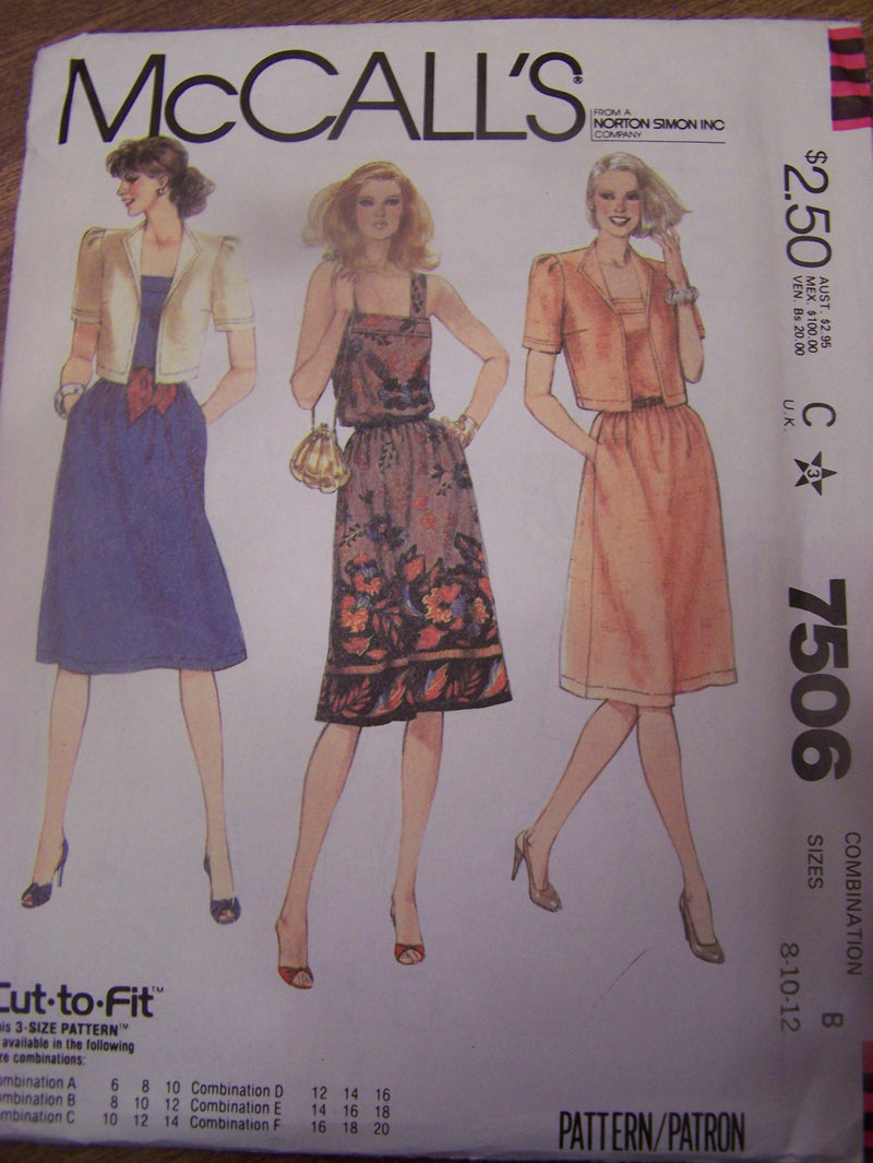 McCalls 7506, Size 8-12, Misses, Dresses, Jackets, UNCUT sewing pattern,