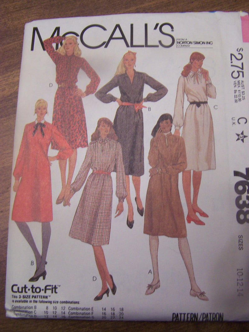 McCalls 7638, Misses, Dresses, Pullover style,  UNCUT sewing pattern,
