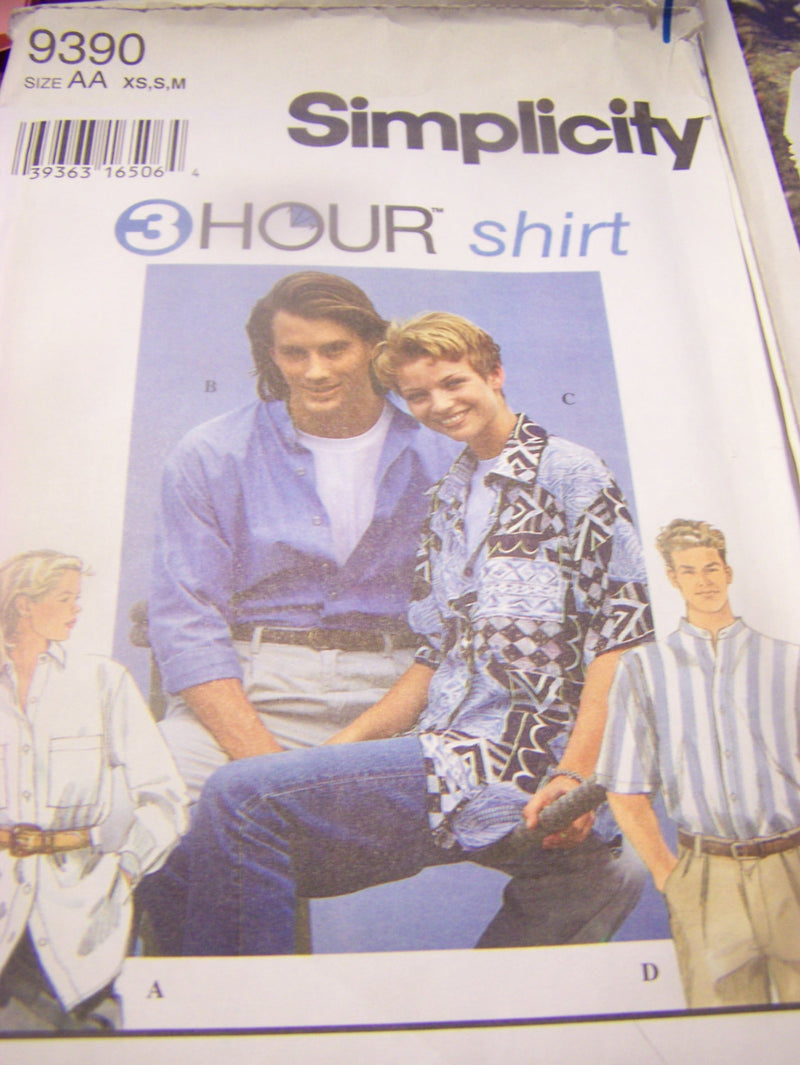 Simplicity 9390, Mens, Misses Shirts,  UNCUT Sewing Pattern,