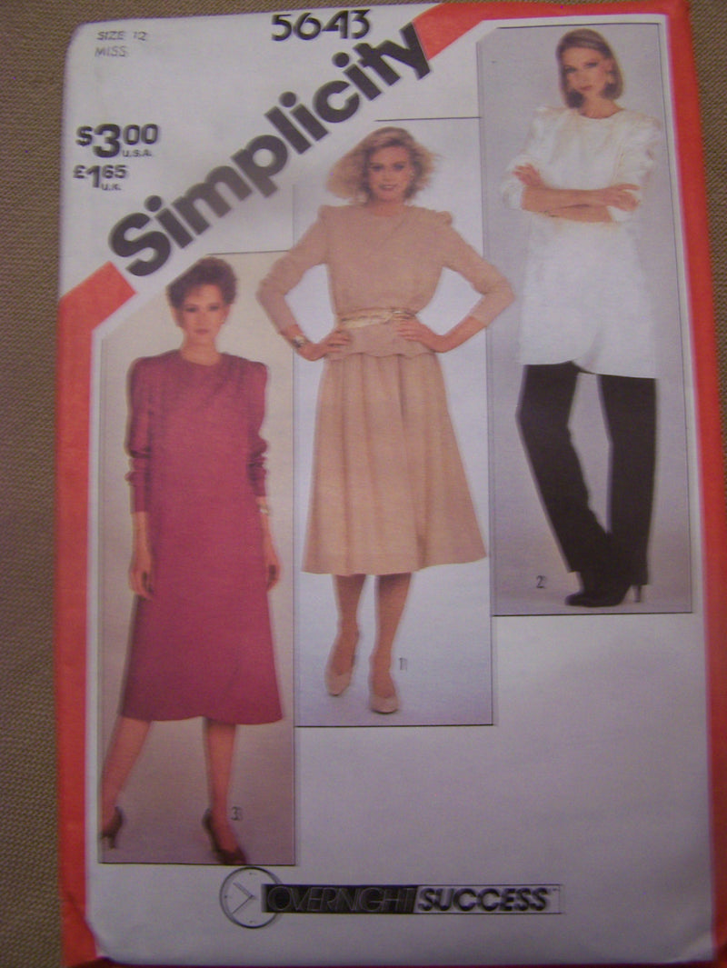 Simplicity 5643, Misses, Dresses, Tunics, Pants, Size 12, UNCUT sewing pattern,
