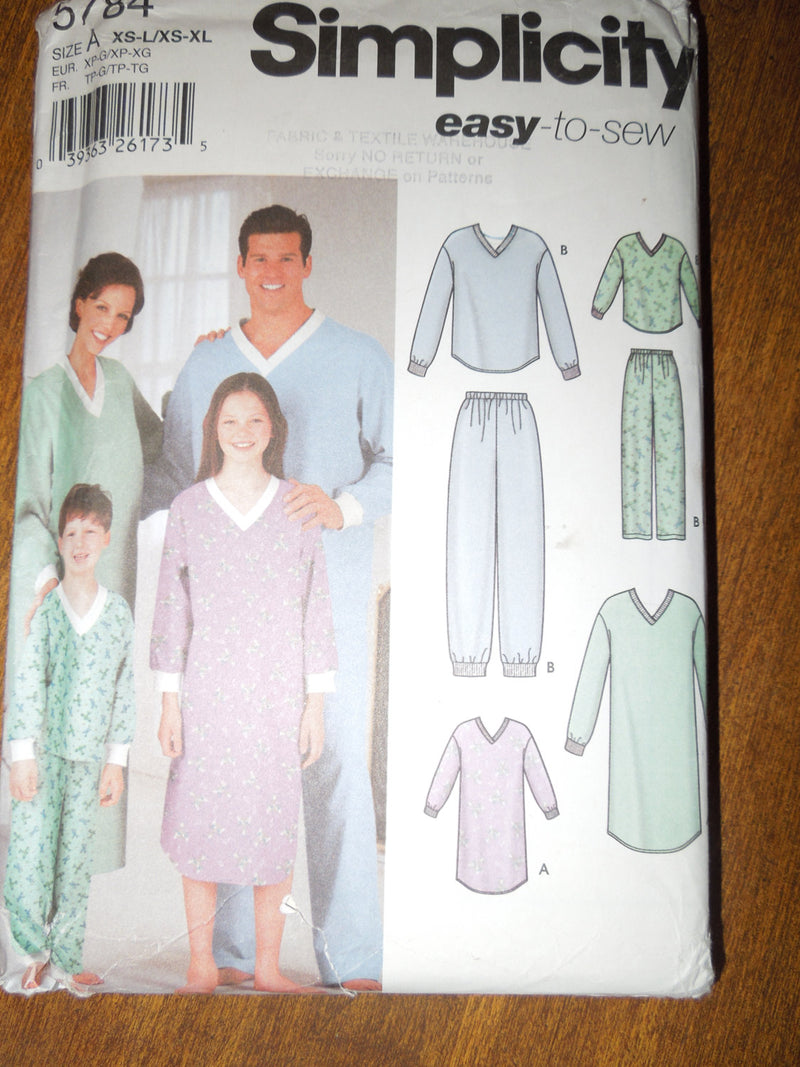 Simplicity 5784, UNCUT sewing pattern, mens, misses, childrens, sleepwear