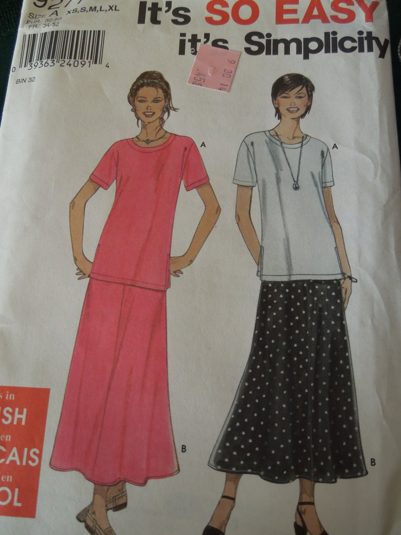 Simplicity 9277, Misses, Tops, Skirts, Size XS thru XL,  UNCUT sewing pattern