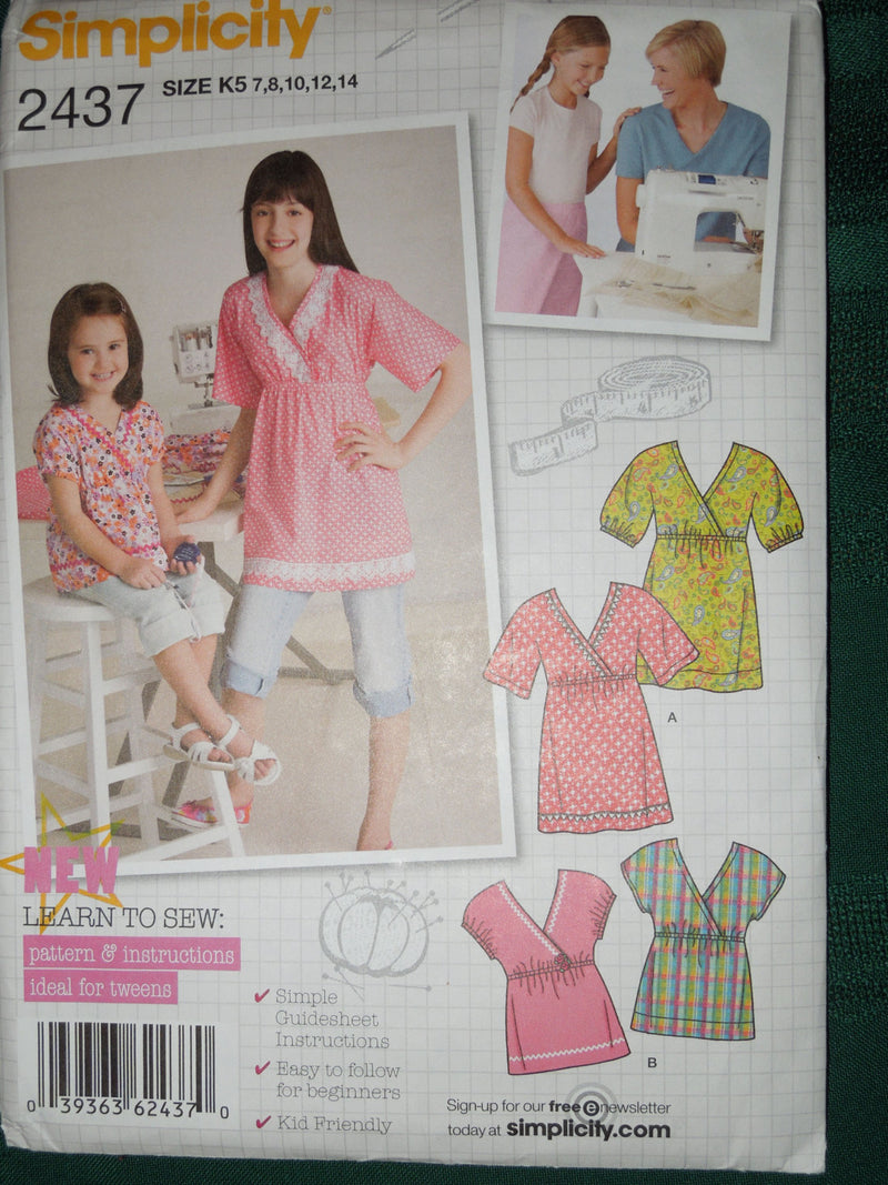 Simplicity 2437, Girls, Pullover Tops, UNCUT sewing pattern,