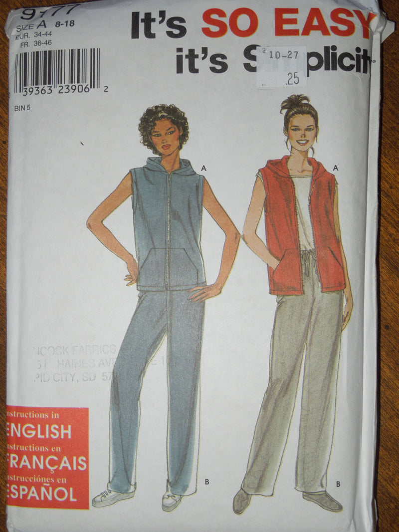 Simplicity 9177, Misses, Jackets, Pants, Tops, UNCUT sewing pattern,