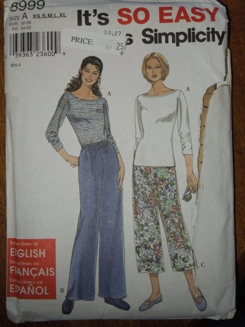 Simplicity 8999, Misses, Tops, Pants, Pullover knit tops, UNCUT sewing pattern,