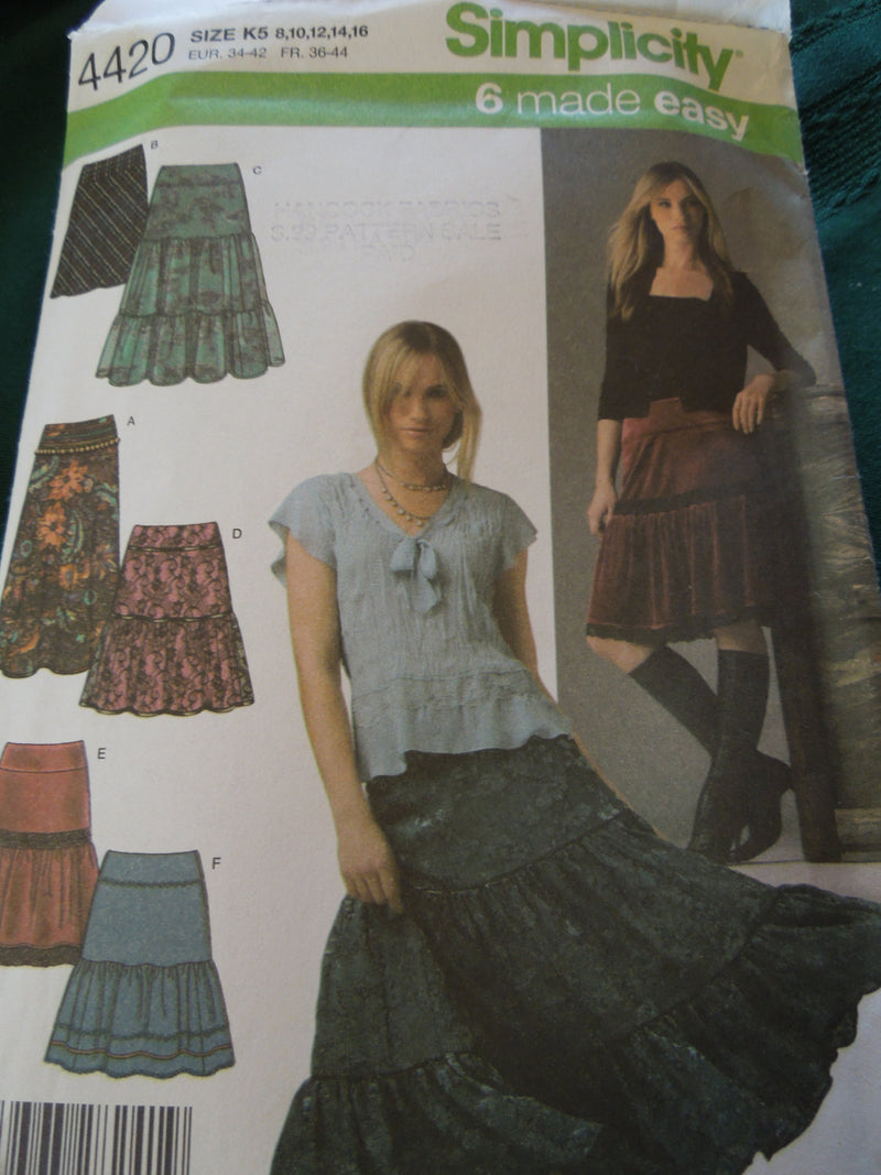 Simplicity 4420,  Misses, Skirts, biased and tiered, UNCUT sewing pattern,