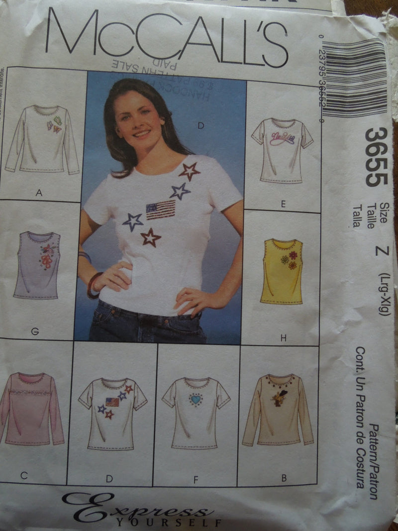 McCalls 3655, Misses Tops, Shirts, Stretch Knits, UNCUT sewing pattern,
