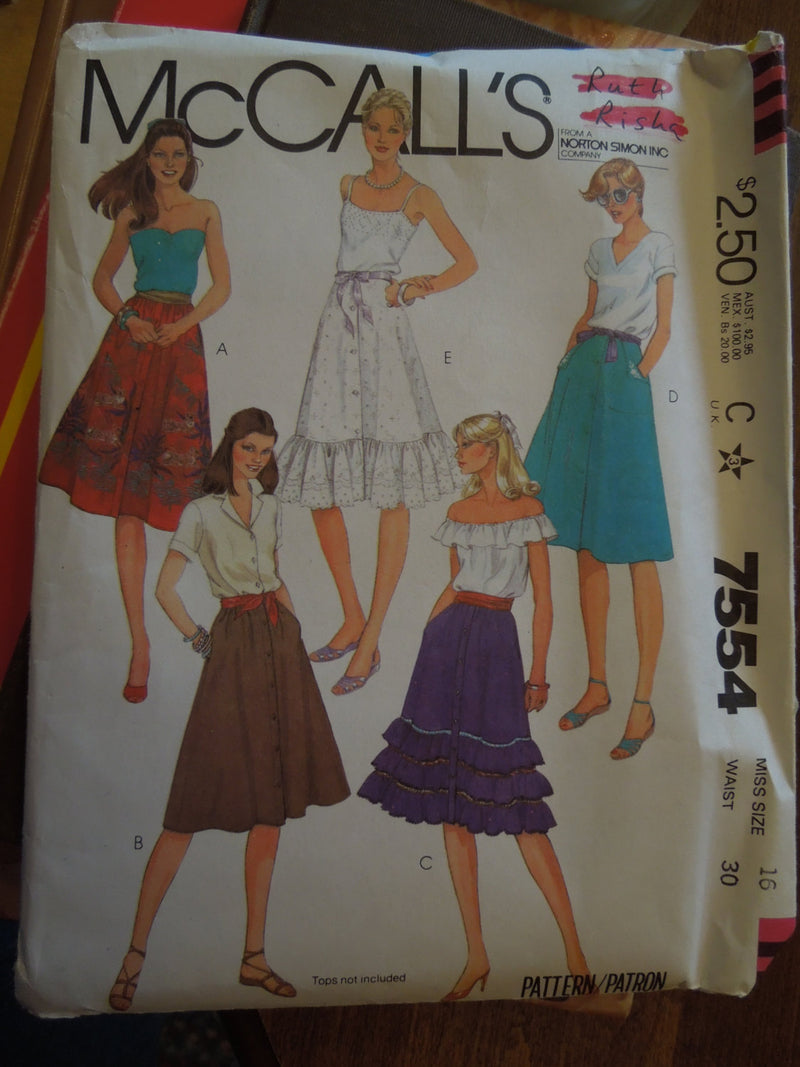 McCalls 7554, Misses, Skirts, size 16, UNCUT sewing pattern,