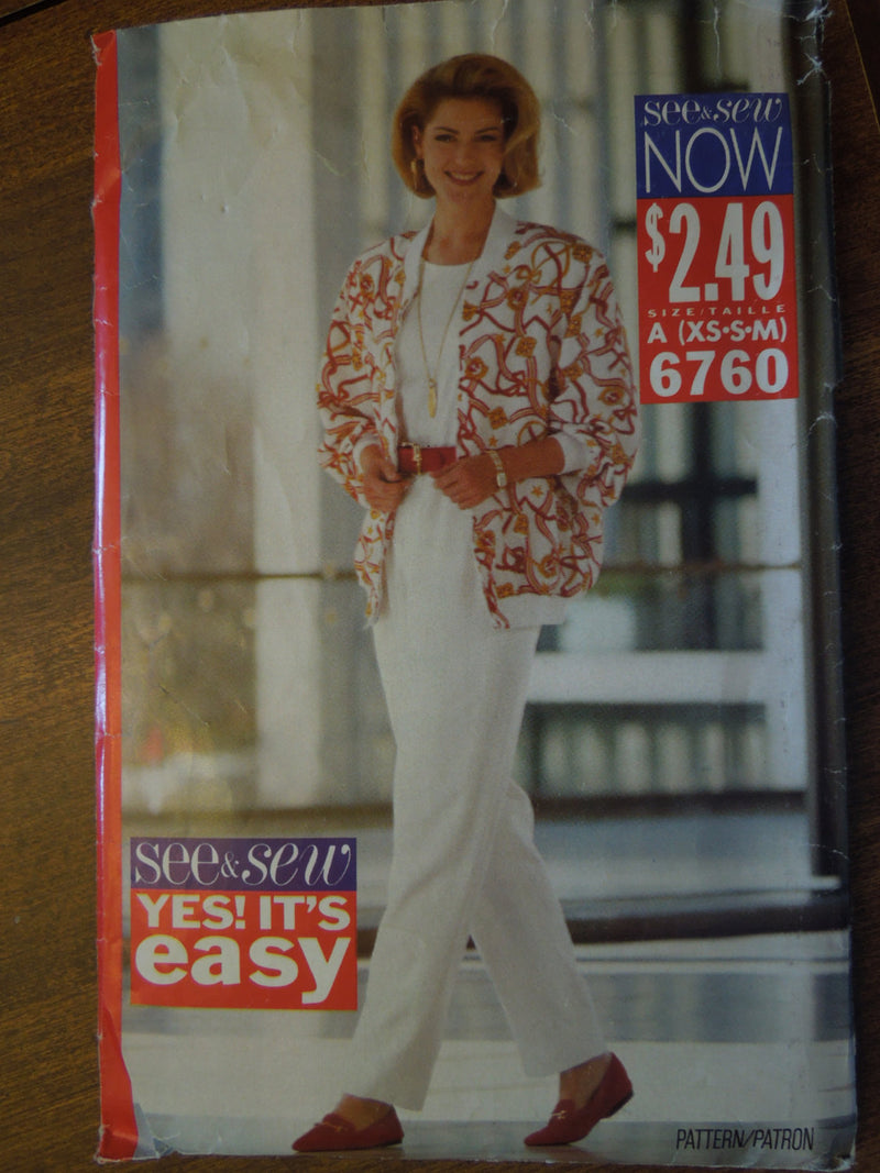 See and Sew 6760, Misses, Jackets, Pants, UNCUT sewing pattern, Sale