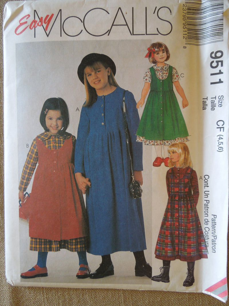 McCalls 9511, Girls, Dresses, Jumpers, Sizes 4,5,6,  UNCUT sewing pattern,