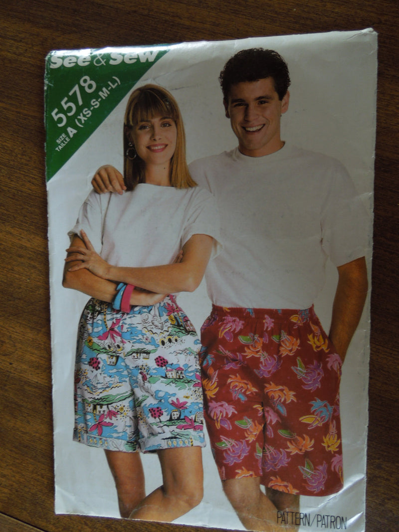 See and Sew 5578, sizes XS-Large, Mens, Misses Shorts, UNCUT Sewing Pattern,