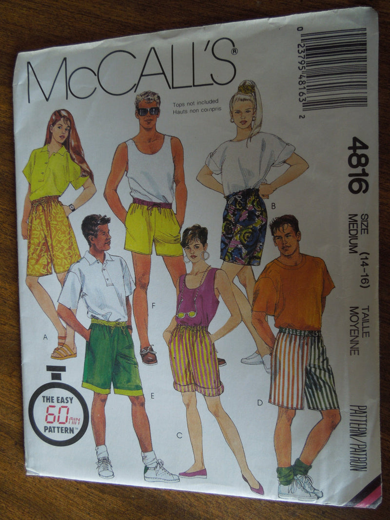 McCalls 4816, Mens, Misses, Shorts, Sizes 14-16, UNCUT sewing pattern,