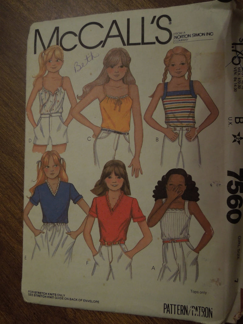 McCalls 7560, Girls, Tops, Stretch Knits, Pullover, size 7, UNCUT sewing pattern,