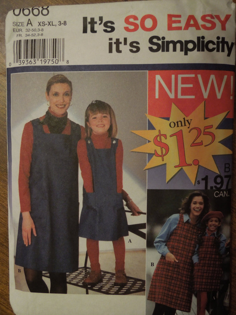 Simplicity 0668, Misses, Girls,  Jumpers, Dresses, UNCUT sewing pattern,
