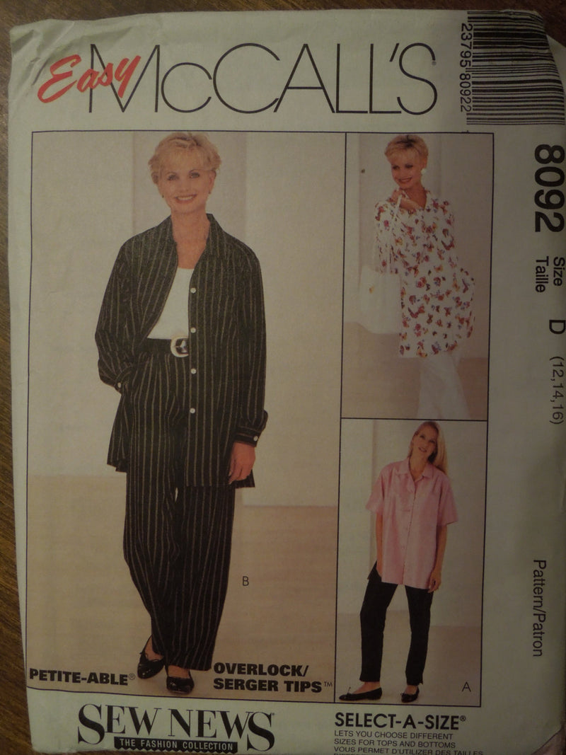 McCalls 8092, Misses, Shirts, Pants, UNCUT sewing pattern,