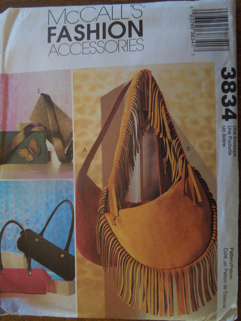 McCalls 3834, Bags, Lined, UNCUT sewing pattern,