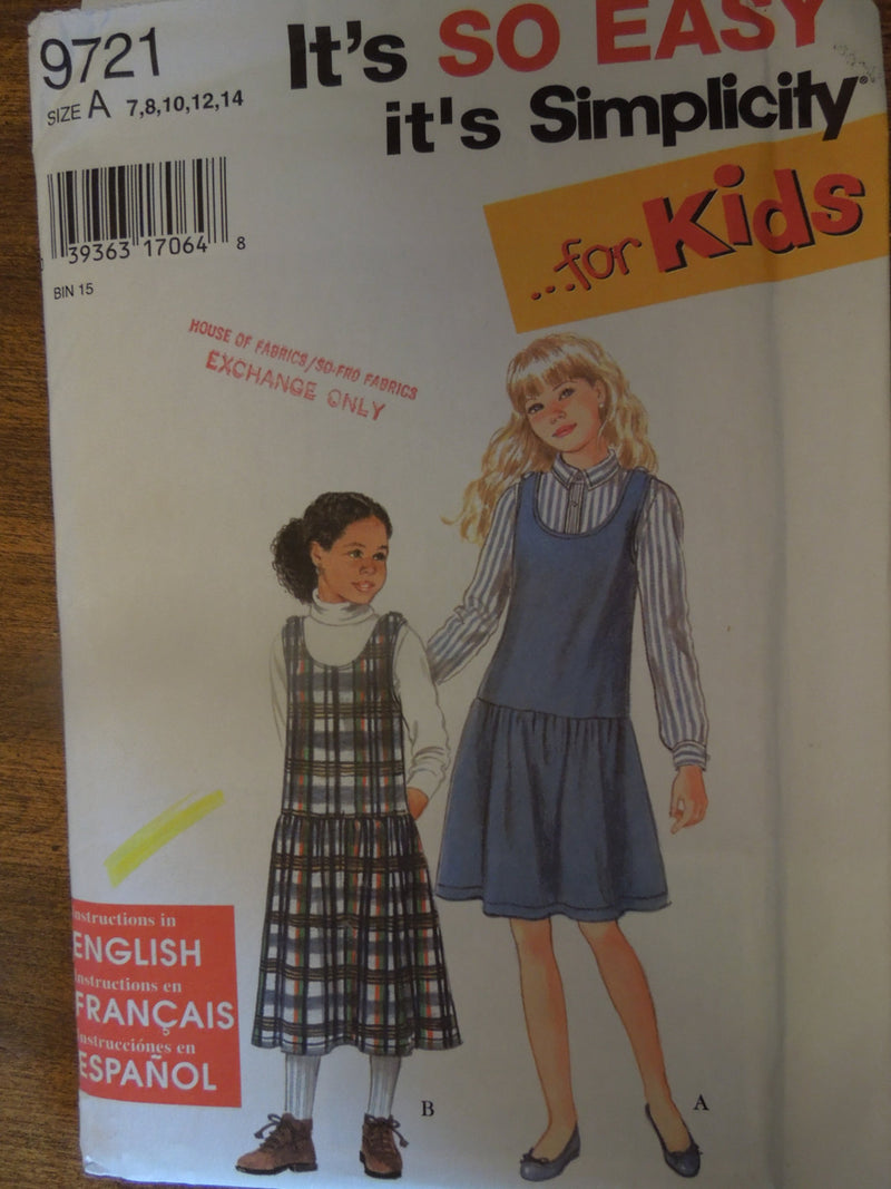 Simplicity 9721, Girls, Jumpers, in two lengths, UNCUT sewing pattern,