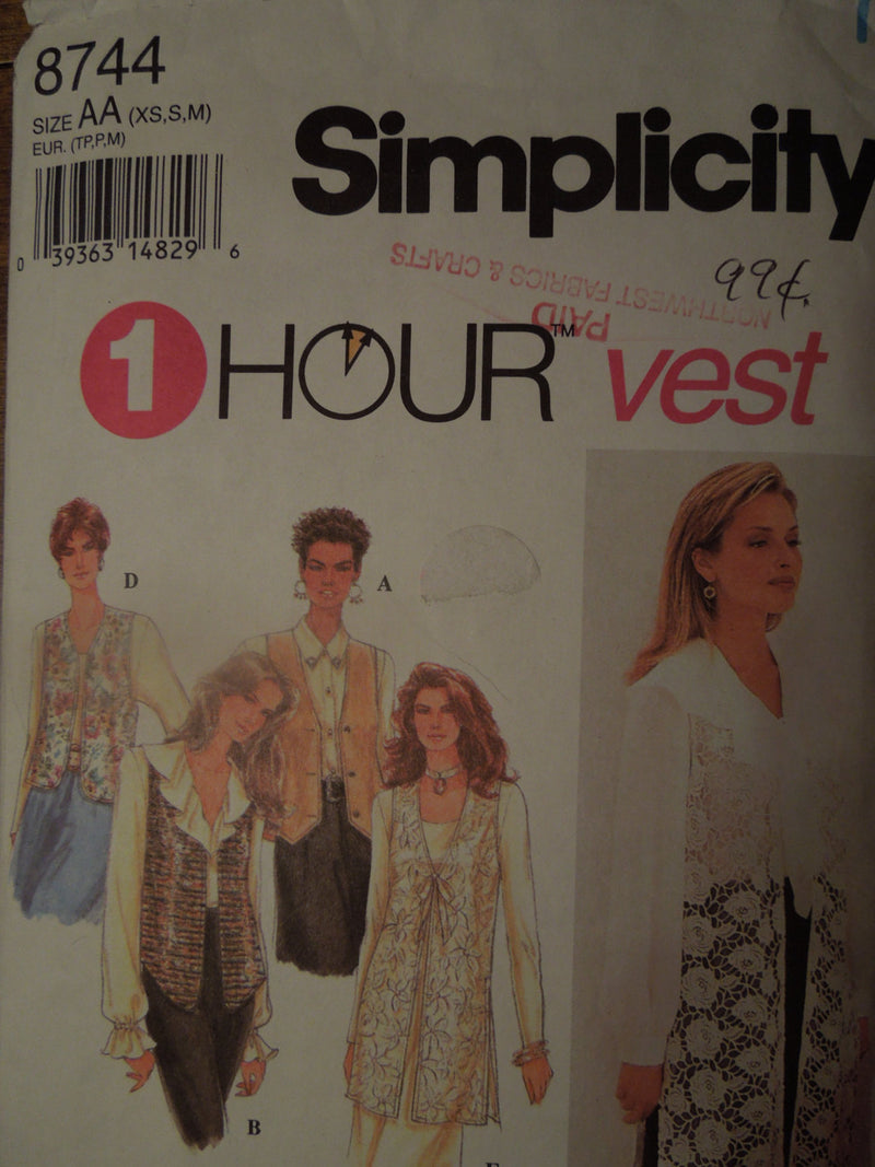 Simplicity 8744,  Misses, Vests, Lined, UNCUT sewing pattern,