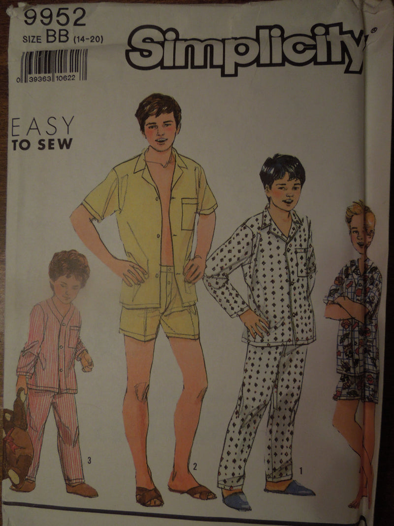 Simplicity 9952, Boys, Sleepwear, Sizes 14-20, UNCUT sewing pattern,