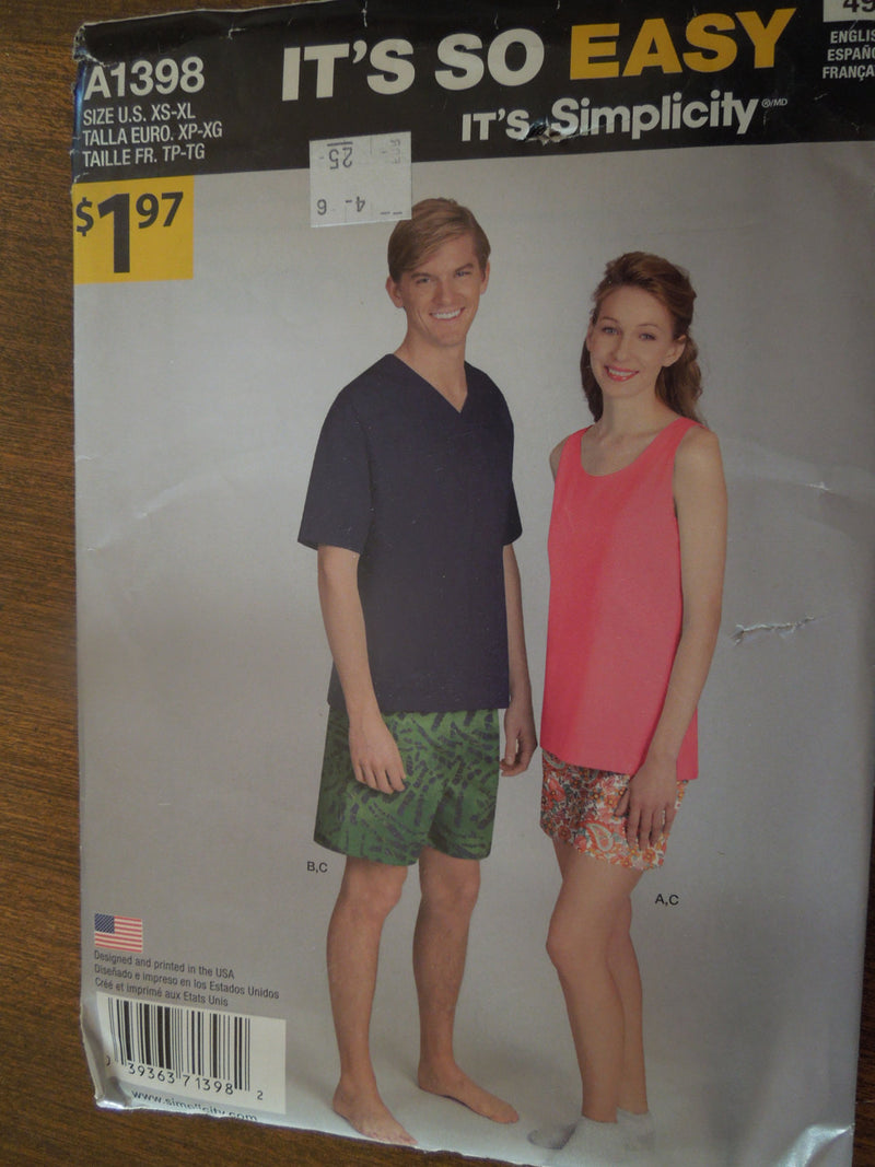 Simplicity A1398,  Misses, Mens, Shorts, Knit Tops, Sizes XS-XL, UNCUT sewing pattern,