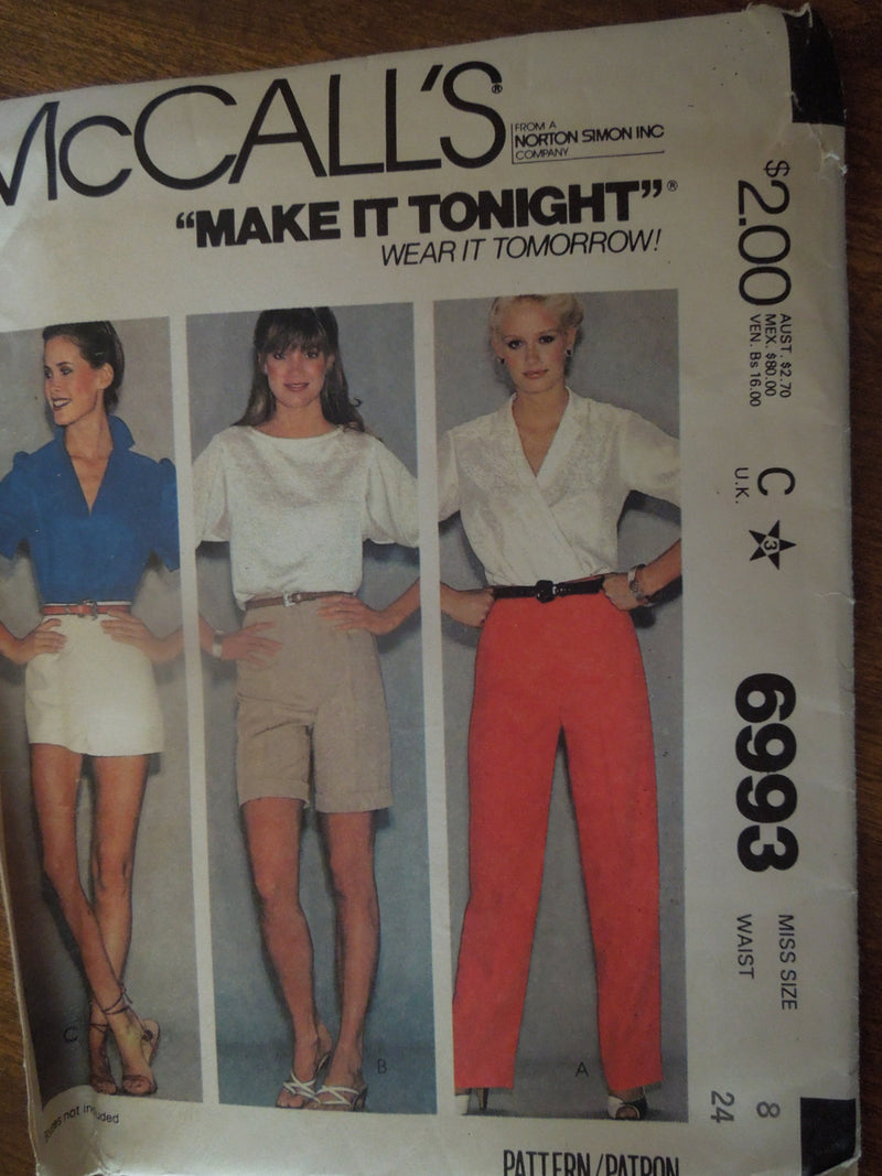 McCalls 6993, Misses, Pants, Shorts, UNCUT sewing pattern, Size 8