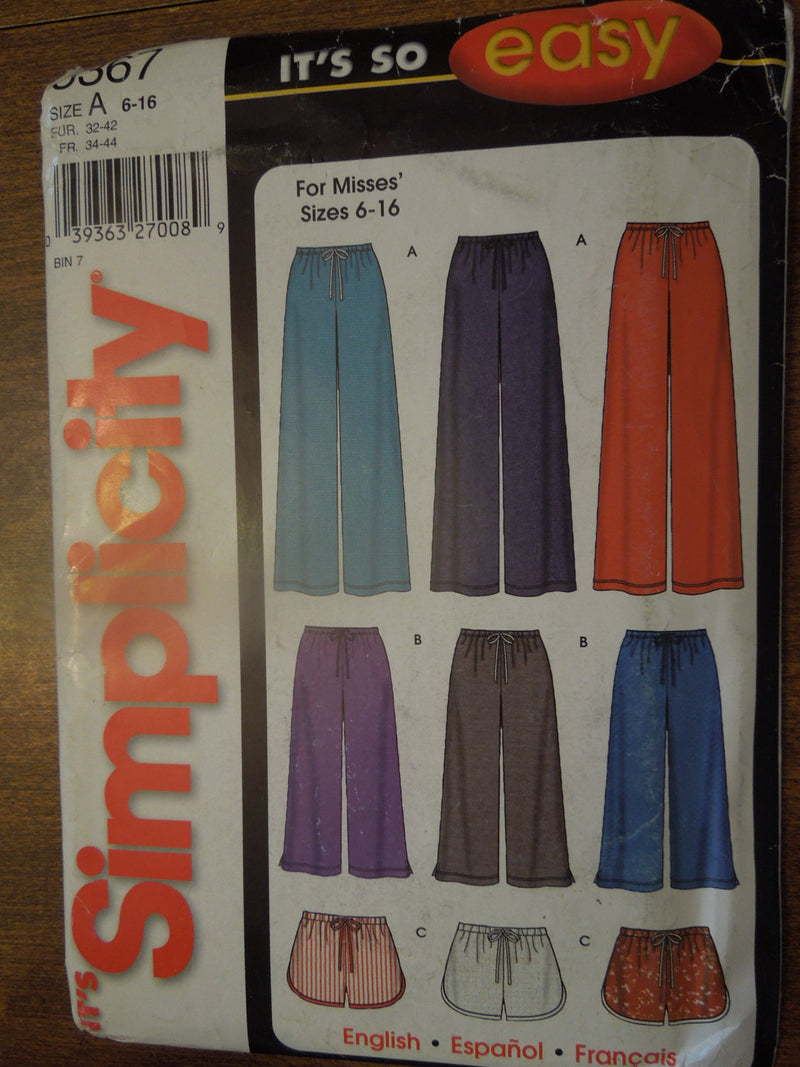 Simplicity 5367, Misses, Pants, Shorts,  UNCUT sewing pattern,