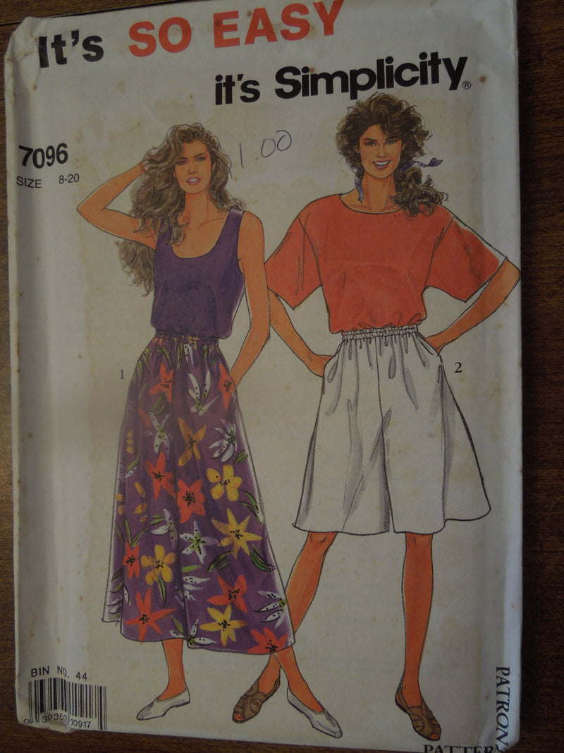 Simplicity 7096, Misses Tops, Culottes, Split Skirts,  UNCUT Sewing Pattern