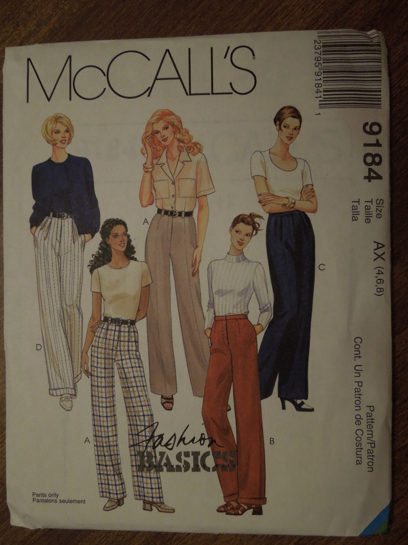 McCalls 9184, Misses, Pants, UNCUT sewing pattern, Sz Varies