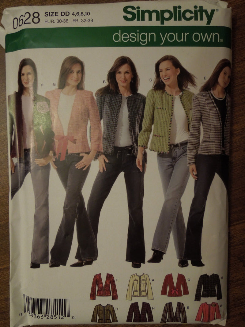 Simplicity 0628,  Misses, Jackets, Lined, Petite, Sizes 4 to 10,   UNCUT sewing pattern,