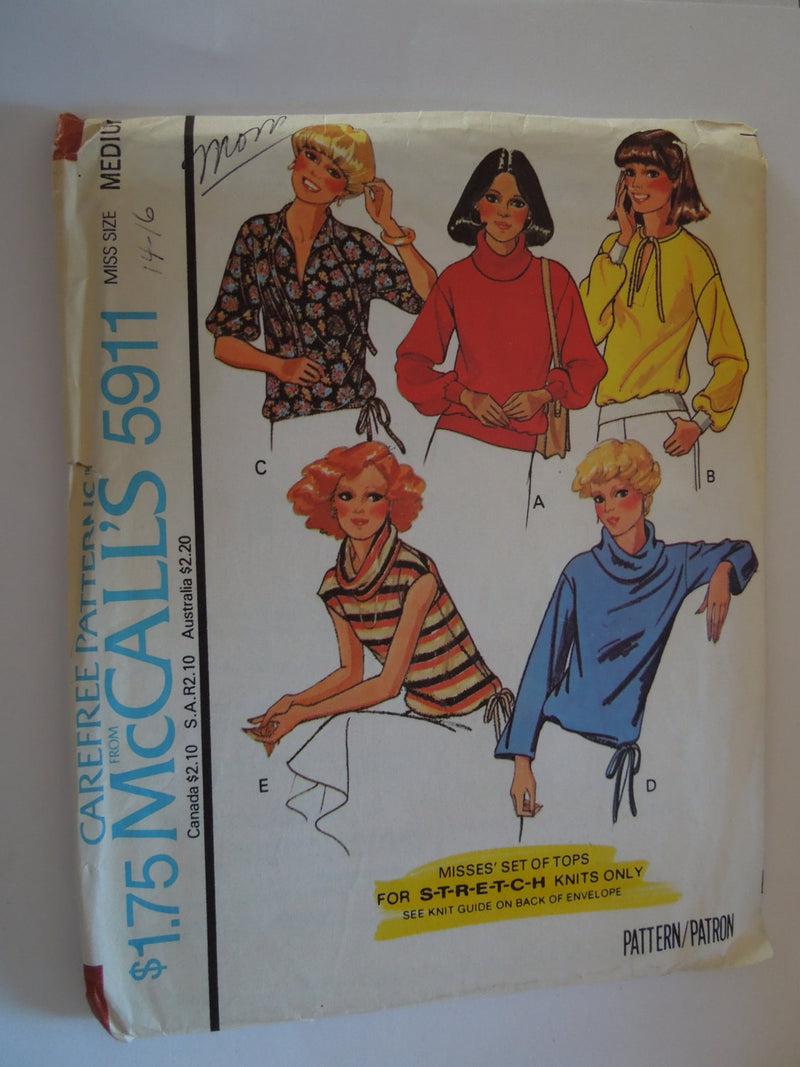 McCalls 5911, Misses, Tops, Pullover knits, UNCUT sewing pattern, Sale