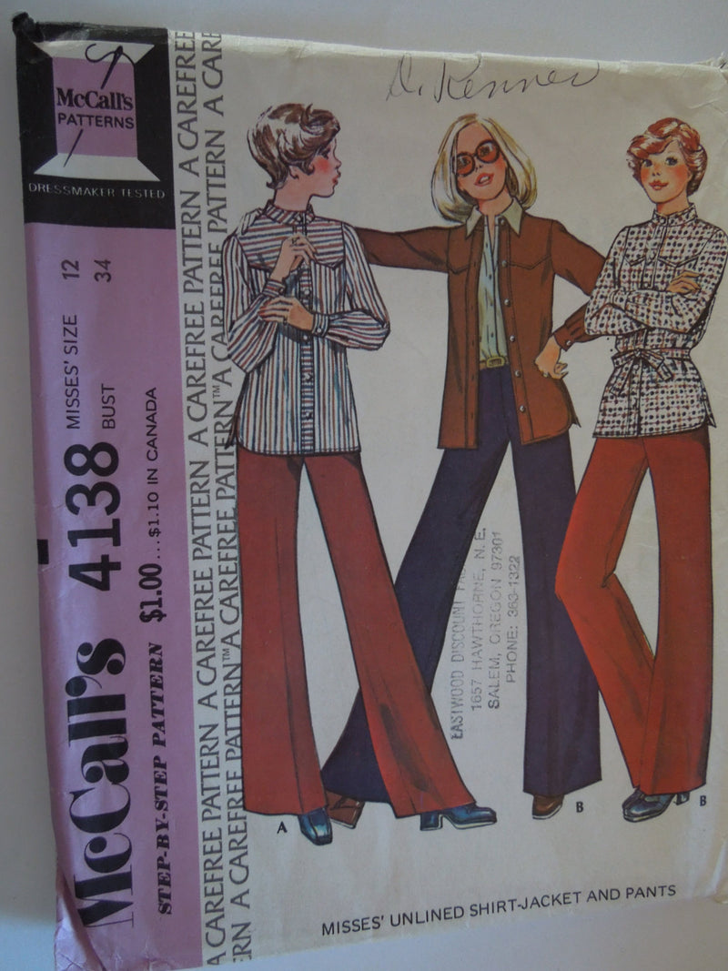 McCalls 4138, Misses, Shirts, Pants, UNCUT sewing pattern,  Sale